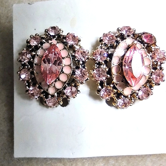 Pink Crystal Clip Earrings - Picture 5 of 12